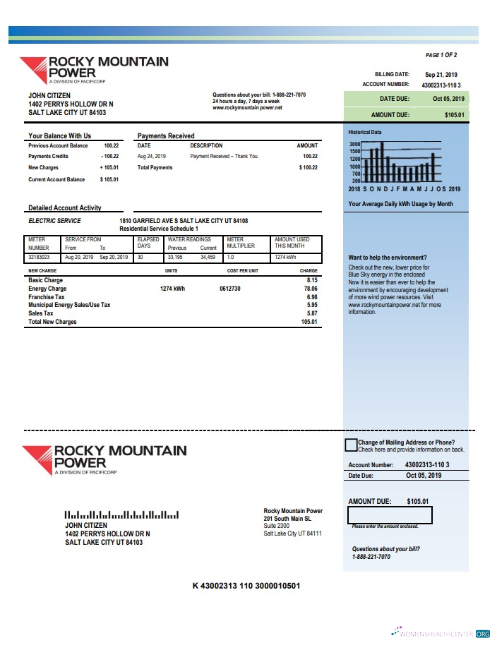 download USA Utah Rocky Mountain Power electricity utility bill template in Word and PDF format PDF template